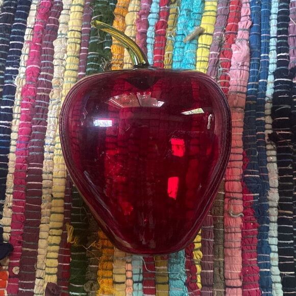 Vintage Viking Rainbow Ruby glass LARGE JUMBO APPLE paperweight MCM green stem - Picture 2 of 6